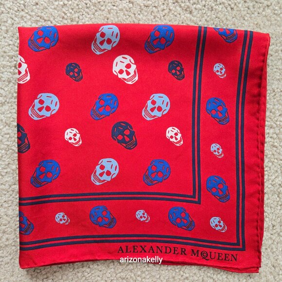 Rare Vintage McQueen Silk Scarf Skulls Hand Rolled Red - Picture 1 of 9